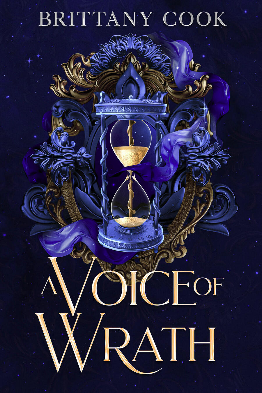 A Voice of Wrath The image depicts the cover of the book. The title, A Voice of Wrath, is written on the bottom in gold letter. The background is a deep blue with sparkling stars. The foreground image is a gold and blue oval frame with flowing blue cloth around the edges.